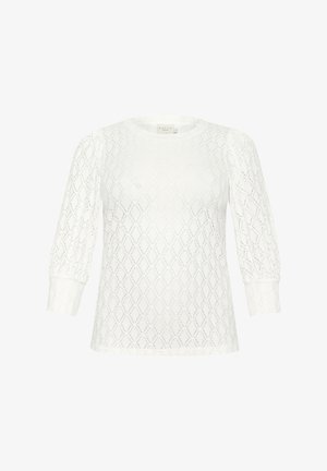 Haut en tricot blanc avec un motif en diamant, encolure ronde et manches bouffantes trois quarts. Texture douce avec un design à coupe ample.