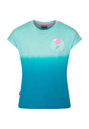 Short-sleeve kids' t-shirt with turquoise ombre, pink flower graphic on chest, and small Norwegian flag tag on side seam.