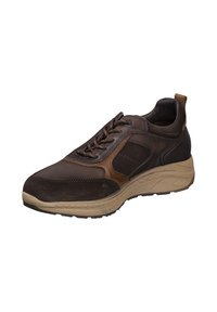 Zapatillas de deporte marrón oscuro con materiales de ante y cuero, diseño con cordones, cuello acolchado y suela de goma texturizada. Presenta acentos en marrón claro.