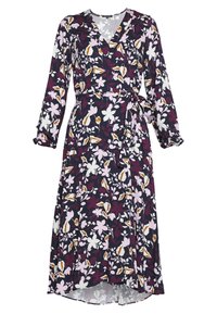 Květinové šaty s obalem s tmavě fialovým pozadím, na kterém jsou bílé a růžové květy. Mají dlouhé rukávy, výstřih do V a detaily s tkaničkou v pase.