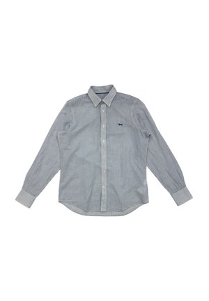 Camicia a maniche lunghe a righe blu e bianche con colletto a bottoni, caratterizzata da un piccolo logo ricamato sul petto e polsini a contrasto.