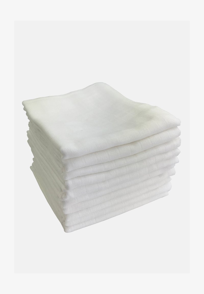 Stapel von acht weißen Baumwolltüchern mit einer sanften Textur, ordentlich gefaltet. Jedes Tuch ist rechteckig und einheitlich in der Größe und zeigt ein einfaches Design.