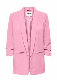 Blazer rosa chiaro con una texture liscia, davanti aperto e maniche a tre quarti. Presenta due tasche frontali e un design con colletto a scialle.