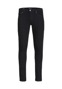Jeans ajustados negros de mezclilla, con una textura suave, diseño de cinco bolsillos y cierre de botón en la cintura.