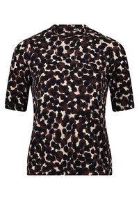 Krótkosłodowy top damski z wysokim dekoltem, zdobiony brązowo-czarnym abstrakcyjnym wzorem w panterkę na beżowym tle.