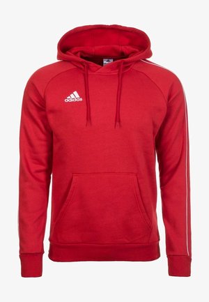 Sweat à capuche rouge Adidas avec poche avant, capuche à cordon, logo Adidas blanc sur la poitrine et bande blanche le long des manches.