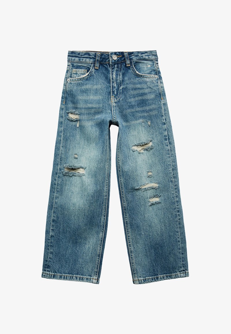 Hellblaue Denim-Jeans mit lockerer Passform. Mit Used-Effect, mehreren Rissen und ausgefransten Kanten. Klassisches Fünf-Taschen-Design.
