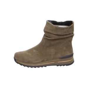 Brauner Wildleder-Stiefel bis zur Mitte der Wade mit lockerem Schaft, schwarzer gepolsterter Sohle und strukturiertem Profil für den lässigen Gebrauch.