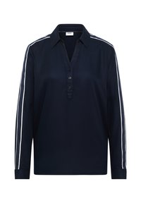 Polo a maniche lunghe blu navy con patta con bottoni, caratterizzato da strisce laterali bianche e colletto. Tessuto liscio con vestibilità rilassata.