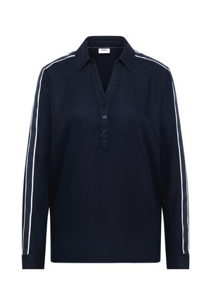 Granatowa koszulka polo z długim rękawem i zapinanym na guziki klinem, z białymi paskami po bokach i kołnierzykiem. Gładka tkanina o luźnym kroju.
