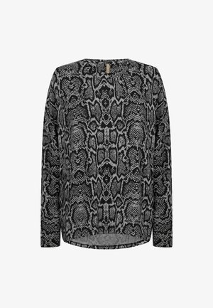 Langarmoberteil mit einem schwarz-grauen Schlangendruckmuster, Rundhals und lockerer Passform. Der Stoff wirkt weich und leicht dehnbar.