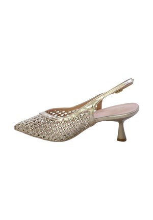 Décolleté slingback dorato metallizzato con punta a punta, tomaia intrecciata e sottile tacco a stiletto di altezza media.