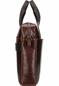 Braune Leder Tasche mit rechteckiger Form, ausgestattet mit einem oberen Reißverschluss und dunklen Stoffriemen. Glatte Textur mit minimalem Hardware.