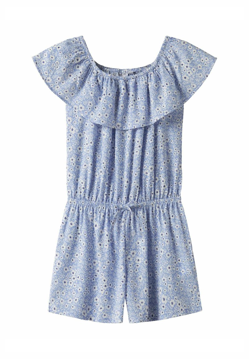 Rompers court bleu clair avec des manches volantes en off-shoulder, une taille élastique, et un motif floral avec des accents blancs et navy.