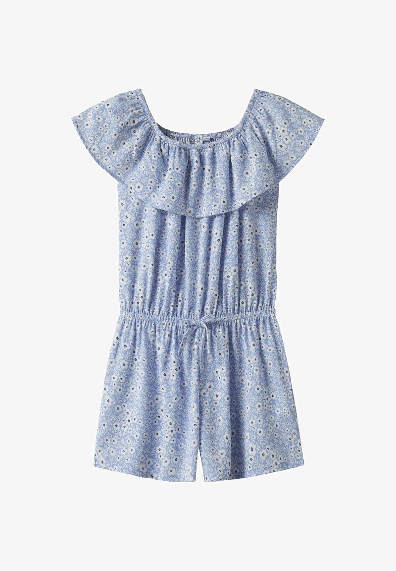 Rompers court bleu clair avec des manches volantes en off-shoulder, une taille élastique, et un motif floral avec des accents blancs et navy.
