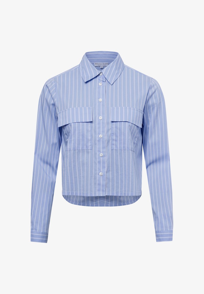 Camicia a righe azzurra chiara in cotone. Presenta un colletto classico, due tasche frontali, maniche lunghe e un orlo corto. Bottoni lungo la parte anteriore.
