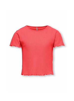 Haut à manches courtes côtelé corail avec un col rond et un ourlet ondulé. Fabriqué en tissu doux, il présente un design ajusté.