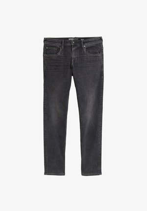 Schmale schwarze Denim-Jeans mit einem verblassten Finish, fünf Taschen, Gürtelschlaufen und dezenten Nähdetails an den Nähten.