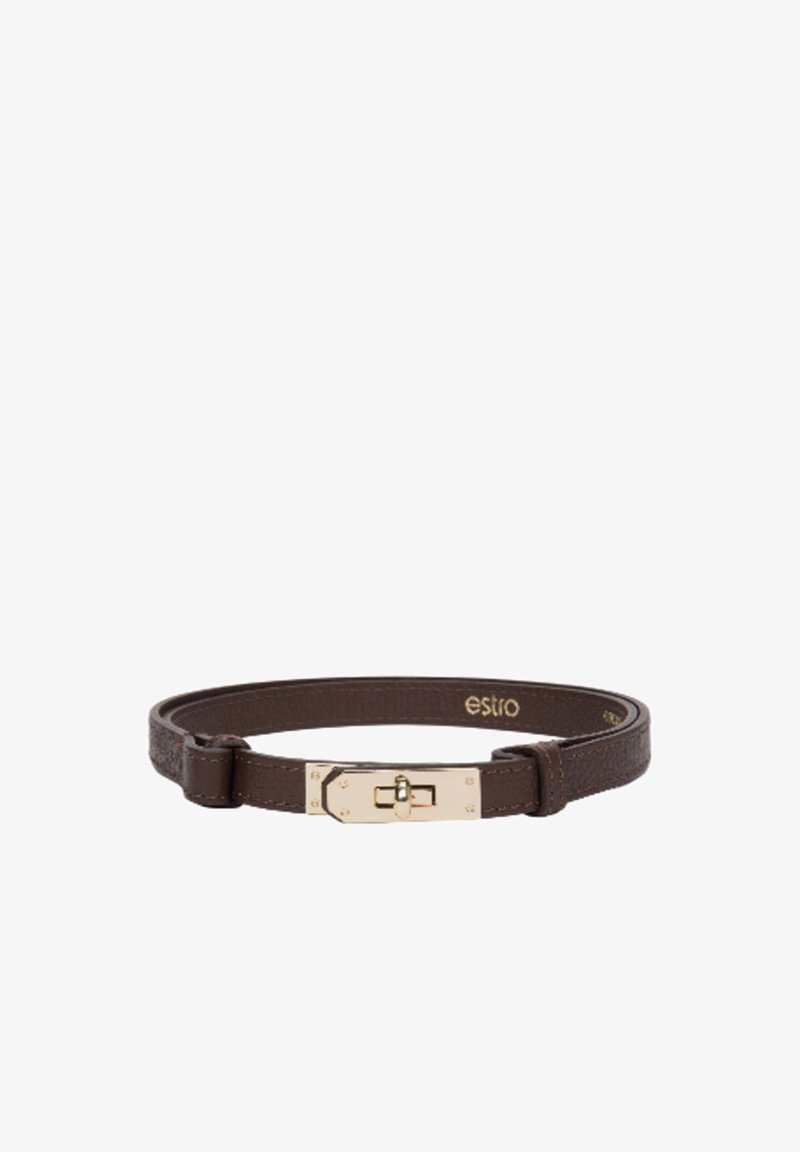 Brown leather bracelet with a textured finish and a gold-tone clasp. Features a sleek, minimalist design and a subtle brand logo.