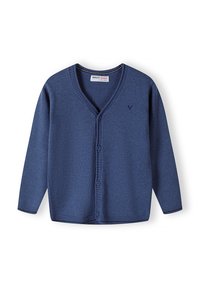 Navy blue cardigan with a v-neck, buttons down the front, ribbed cuffs and hem, and a small logo embroidery on the left chest.