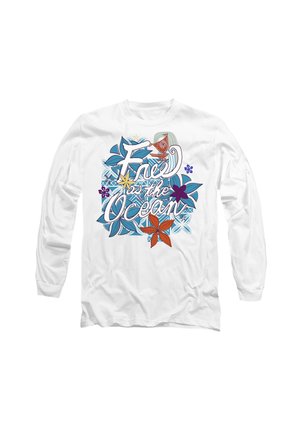 Long-sleeve white T-shirt featuring colorful graphic text "Free as the Ocean" with floral designs in blue, orange, and purple hues.