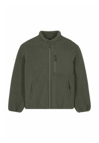 Giacca in pile verde peloso con zip frontale, collo alto e tre tasche: due laterali e una sul petto con chiusura a zip.