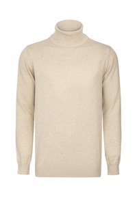Beige Rollkragenpullover aus weichem Strickstoff, mit langen Ärmeln und gerippten Bündchen und Saum, mit einer glatten Textur.