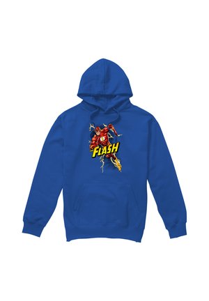 Blauer Hoodie mit einer Grafik von The Flash, der mit gelben Blitzsymbolen läuft, und dem Text "The Flash" in fetten gelben Buchstaben.