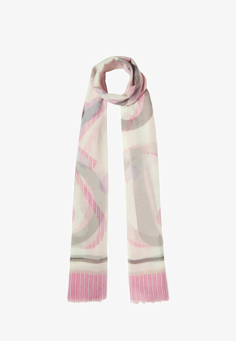 Écharpe légère en rose pastel et gris avec des motifs abstraits. Les bords frangés ajoutent de la texture ; le matériau semble doux et transparent.