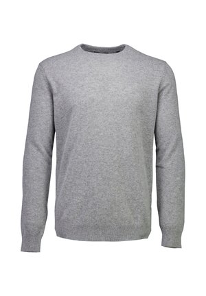 Hellgrauer langärmeliger Rundhals-Pullover mit gerippten Bündchen und Saum, auf einem weißen Hintergrund präsentiert.