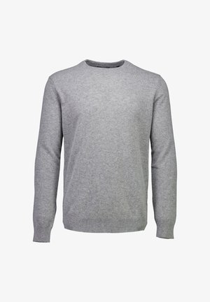 Hellgrauer langärmeliger Rundhals-Pullover mit gerippten Bündchen und Saum, auf einem weißen Hintergrund präsentiert.