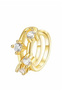 Goldring mit drei runden, klaren Steinen, die in Krappen gefasst sind, mit einem geteilten Banddesign und einer polierten Oberfläche.