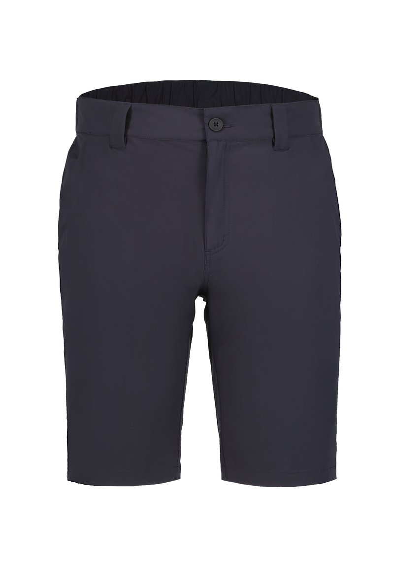 Dunkelblaue Shorts mit flachem Frontdesign, Knopfverschluss und elastischem Bund. Hergestellt aus einem glatten, leichten Stoff und mit seitlichen Taschen ausgestattet.