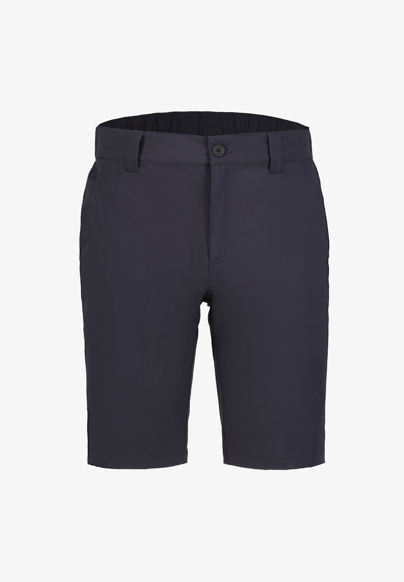 Pantalones cortos de un azul marino oscuro con un frente plano, cierre de botón y cintura elástica. Fabricados con un tejido ligero y suave, cuentan con bolsillos laterales.