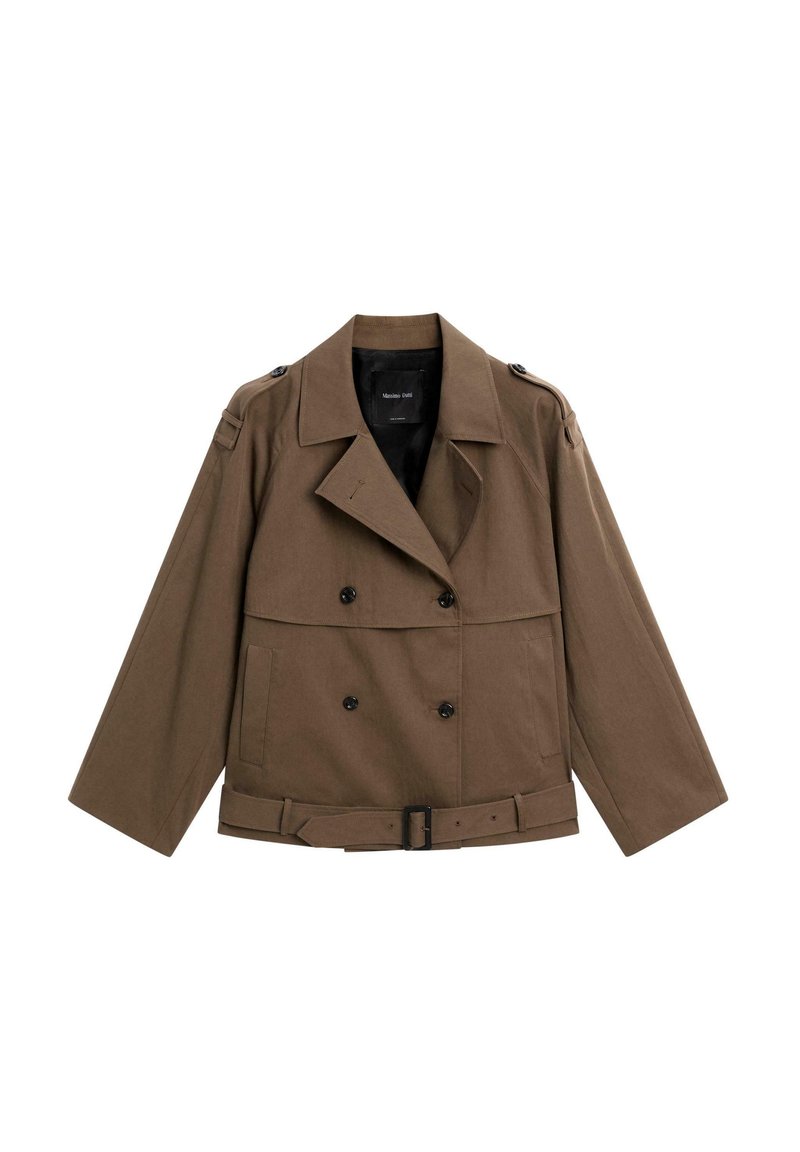 Brown double-breasted jacket with a belt, large collar, shoulder epaulettes, and two front pockets. Made of textured fabric. Short sleeves.