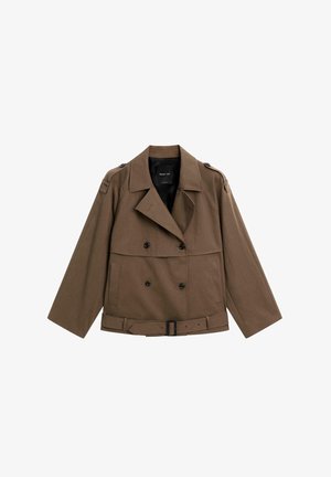 Braune, doppelte Jacke mit tailliertem Gürtel, großen Revers und Schulterklappen. Hergestellt aus einem strukturierten Stoff mit zwei vorderen Taschen.