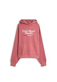 Dusty rose hooded sweatshirt with kangaroo pocket and white text reading "Cold Heart Theory" on the front.