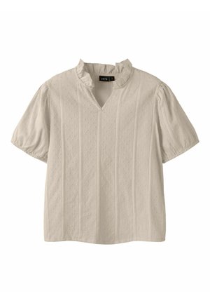 Blouse crème à manches courtes avec motif à pois texturé, encolure volantée et fines rayures verticales, étiquette indiquant LMTD taille M.