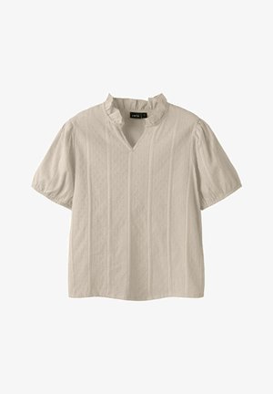 Krémová blúzka s krátkym rukávom so štruktúrovaným bodkovaným vzorom, volánovým výstrihom a jemnými vertikálnymi pruhmi, štítok s označením LMTD veľkosť M.