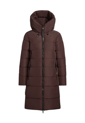 Cappotto invernale imbottito marrone con colletto alto, cappuccio, tasche laterali e zip frontale. Il tessuto ha una texture liscia e lucida con cuciture orizzontali.