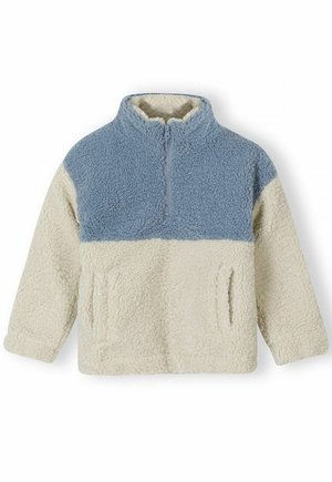 Blauer und cremefarbener Sherpa-Fleece-Pullover mit Viertelreißverschluss und zwei Fronttaschen, entworfen für Wärme und Komfort.
