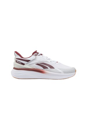 Zapatilla de running Reebok blanca y granate con suela acolchada y diseño con cordones, mostrada en perfil derecho sobre un fondo liso.
