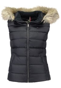 Svart pufferväst med huva i konstpäls, dragkedjestängning och vertikal quiltad mönster. Har två sidofickor och ett mjukt innerfoder.