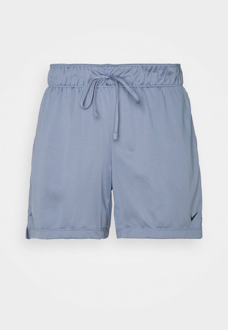 Světle modré sportovní kraťasy s elastickým pasem, stahováním na šňůrku a bočními rozparky. Na dolní straně je malý černý logo Nike.