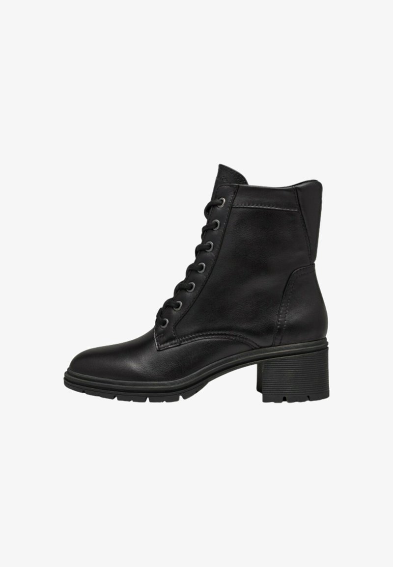 Stivaletti neri in pelle con punta rotonda, allacciatura frontale e tacco a blocco texturizzato. Presentano una superficie liscia e lucida con dettagli di cucitura.