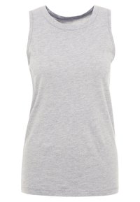 Haut sans manches en gris clair en tissu doux en mélange de coton, avec un col rond et une coupe décontractée, construction sans couture et texture lisse.