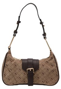 Brown patterned handbag with a curved shape, leather accents and strap, buckle detail in the center, and gold-tone hardware on the strap.