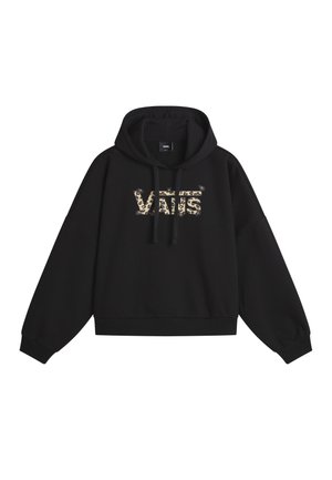 Schwarzer Vans-Hoodie mit Leopardenmuster-Logo auf der Brust, Kapuze mit Kordelzug, langen Ärmeln sowie gerippten Bündchen und Saum.