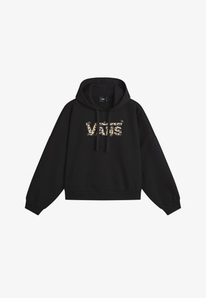 Schwarzer Vans-Hoodie mit Leopardenmuster-Logo auf der Brust, Kapuze mit Kordelzug, langen Ärmeln sowie gerippten Bündchen und Saum.
