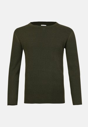 Sötétzöld, bordázott kötésű pulóver, hosszú ujjakkal és kerek nyakkivágással. Puha anyagból készült, testes szabású és diszkrét textúrával rendelkezik.